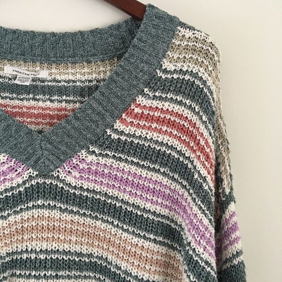 American Eagle V Neck Boxy Slouchy Stripe Knit Sweater | Size XS - Picture 2 of 7